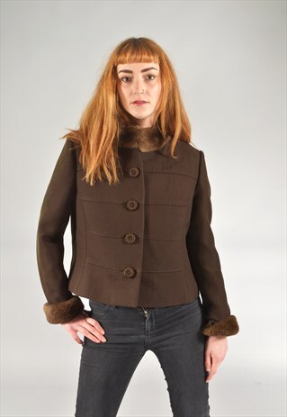 VINTAGE BROWN FAUX FUR COLLARED & CUFFED COAT
