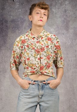 90s collared shirt with half sleeves and floral pattern