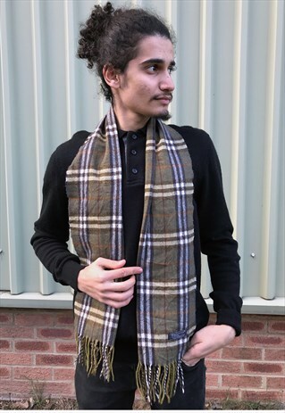 VINTAGE LAMBSWOOL CHECKED SCARF GREEN-S015