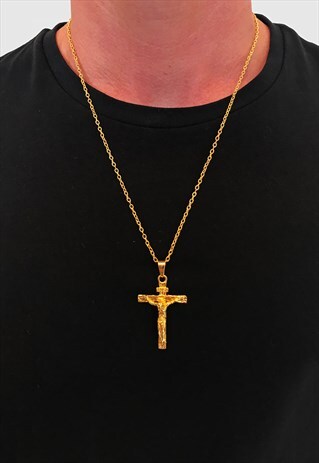 LARGE CROSS CRUCIFIX 24" PENDANT NECKLACE CHAIN - 18K GOLD