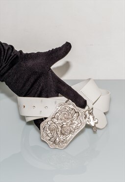 Y2K Vintage iconic silver rose buckle belt in pearl white