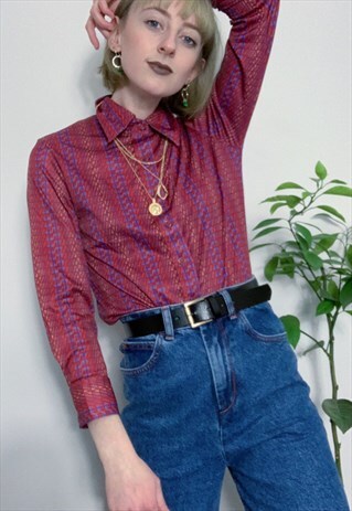 QUIRKY 70S VINTAGE BURGUNDY PURPLE PATTERNED BLOUSE