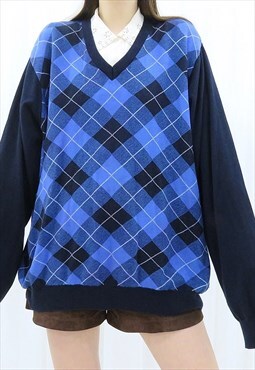 90s Vintage Blue & Navy Argyle Diamond Jumper (Size XL)
