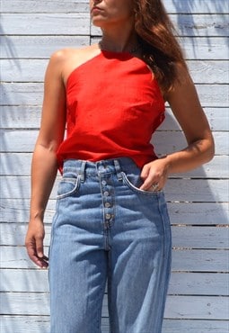 Vintage red raw silk chain halter top