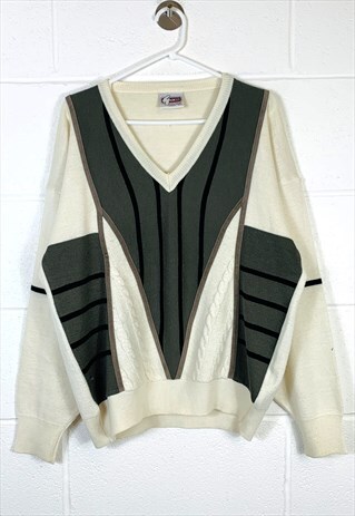 VINTAGE ABSTRACT KNITTED JUMPER CREAM, GREY PATTERNED