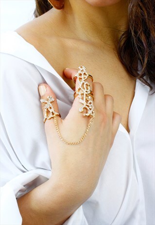 GOLD DIAMANTE DOUBLE FINGER COCKTAIL RING