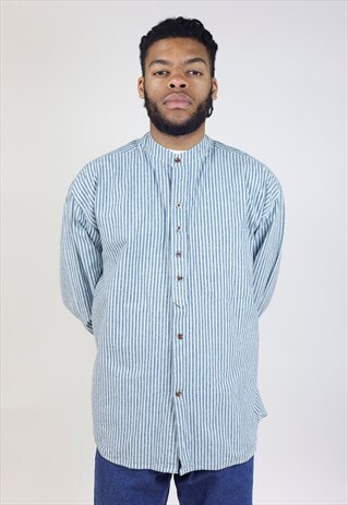 VINTAGE 90S GRANDAD COLLAR GREEN STRIPED SHIRT