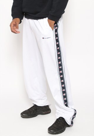 VINTAGE CHAMPION LOGO TAPE JOGGING TRACK BOTTOMS WHITE