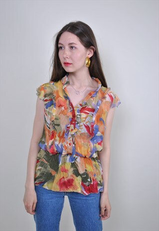 80S MULTICOLOR FLORAL SLEEVELESS BLOUSE, SIZE S