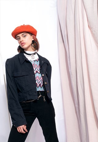 REWORKED VINTAGE DENIM JACKET 90S CROPPED FRAYED HEM COAT