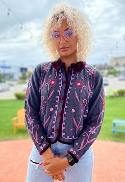 90s Vintage Floral Embroidery Cardigan with Velvet Trims