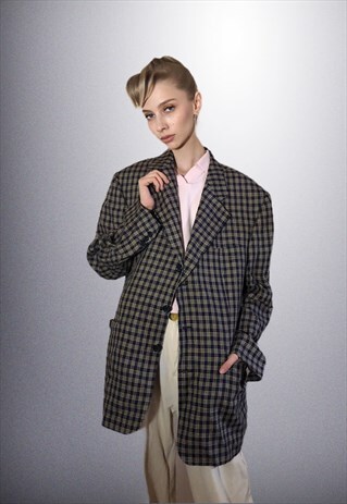VINTAGE GREY BLACK PLAID BLAZER