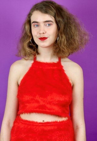 RED FAUX FUR HALTER