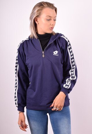 LOTTO WOMENS VINTAGE HOODIE JUMPER LARGE BLUE 90S