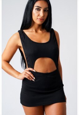 Black Scoop Neck Front Cut Bodycon Sleeveless Mini Dress