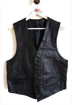 Vintage Black Genuine Leather Vest Biker Rocker Top Classic