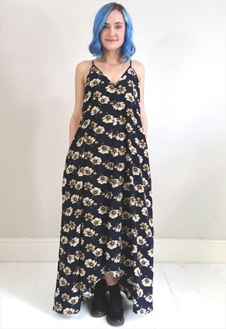 VINTAGE STYLE DARK BLUE FLORAL VEST MAXI DRESS W/ POCKETS