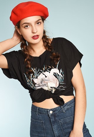 90'S RETRO PARIS CHIC SWAN EMBROIDERY T-SHIRT TOP TEE