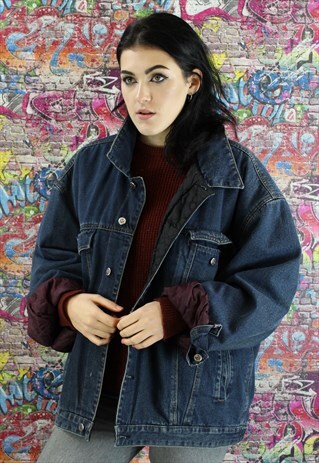 VINTAGE 80S DARK BLUE REVERSIBLE BLANKET LINED DENIM JACKET.