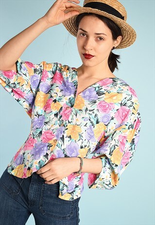 VINTAGE 80'S RETRO PARIS CHIC FLORAL PASTEL BLOUSE TOP