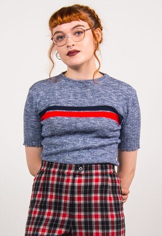 VINTAGE 70'S BLUE STRIPED PATTERN RIBBED KNIT TOP