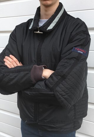 MENS VINTAGE 80S 90S TOMMY HILFIGER COAT BLACK BOMBER