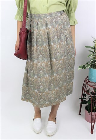 VINTAGE 1980S GREEN PEACOCK FEATHER PRINT MIDI SKIRT