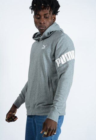 VINTAGE PUMA HOODIE IN GREY WITH LOGO.