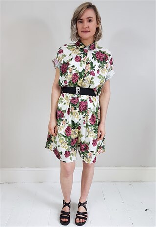 VINTAGE 80'S LARGE ROSE PRINT SHIRT STYLE PLAYSUIT