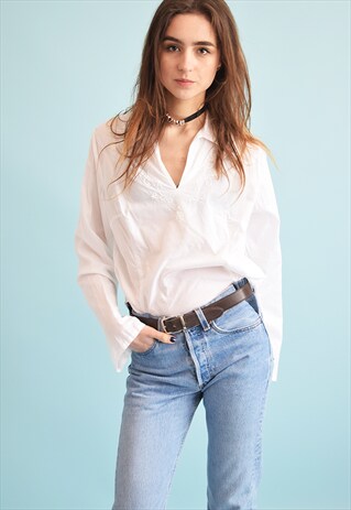 90'S RETRO BOHO FESTIVAL NEUTRAL EMBROIDERY BLOUSE TOP