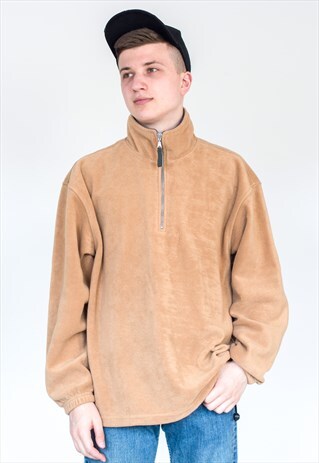 VINTAGE RETRO BROWN HALF ZIP FLEECE SWEATER JUMPER