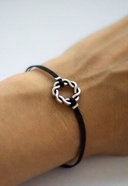 Silver braided circle women bracelet black cord gift for her