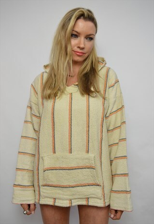90S OVERSIZED CREAM & COLOURFUL STRIPED WOVEN HOODED PONCHO