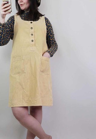 VINTAGE 90S BUTTERMILK YELLOW CORDUROY CORD PINAFORE DRESS M