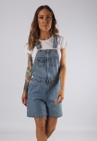 VINTAGE DENIM DUNGAREE SHORTS UK 10 SMALL (JR2B)