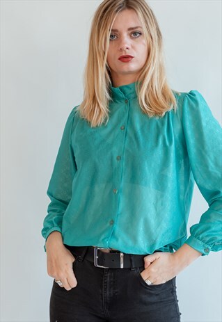 VINTAGE 80S ELECTRIC GREEN BLOUSE WITH PRIEST NECK