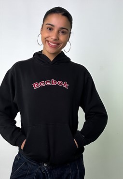 Black 90s Reebok Embroidered Spellout Hoodie Sweatshirt