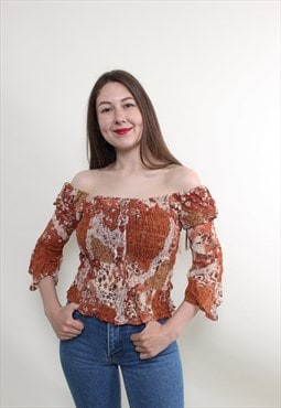 Vintage 90s off shoulder blouse, floral blouse puff sleeve 