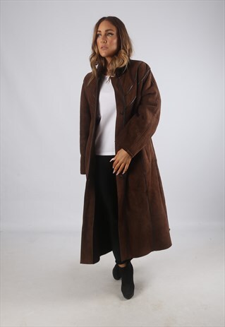 VINTAGE SHEEPSKIN SUEDE SHEARLING COAT LONG UK 14 - 16 (C9BP