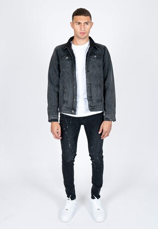 NORTON BLACK WASHED DENIM JACKET WITH BORG LINED COLLAR