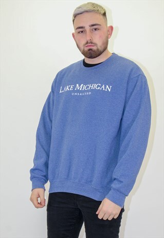 VINTAGE USA EMBROIDERED SWEATER JUMPER IN BLUE MEDIUM