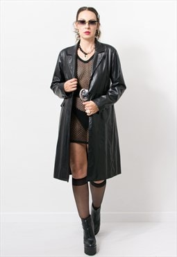 Vintage vinyl trench in black faux leather coat women