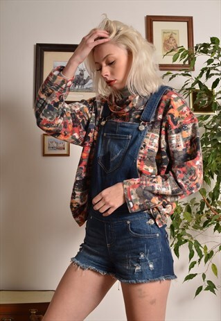 VINTAGE 90S SHORT DENIM DUNGAREES IN BLUE