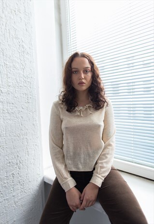 VINTAGE 70'S CREAM/GOLDEN GLITTER FRILL COLLAR BLOUSE