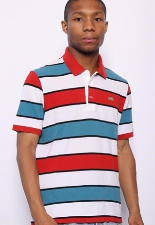 VINTAGE LACOSTE STRIPED LOGO POLO SHIRT WHITE BLUE RED