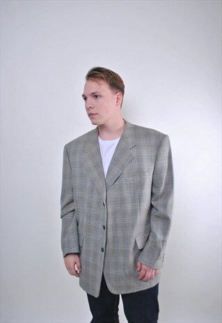 GREY PLAID MAN SUIT CLASSIC VINTAGE BLAZER, SIZE XL