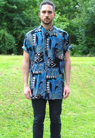 VINTAGE 90S ART AZTEC NERD SHIRT - LARGE - FESTIVAL ABSTRACT