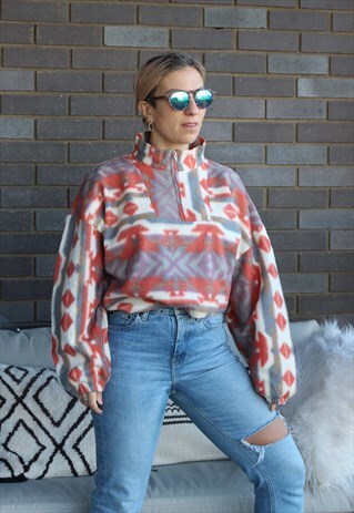 VINTAGE 1990S PEACH AZTEC PRINTED QUARTER ZIP FLEECE