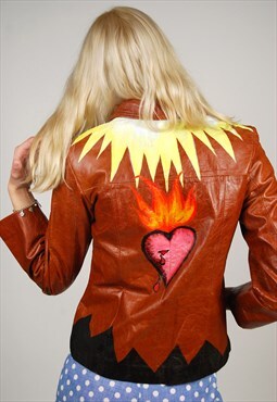 Hand Painted Leather Jacket (M) vintage brown punk rock diy