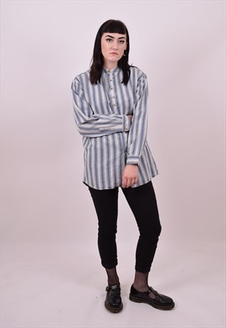 VINTAGE 80'S PIN STRIPE GRANDAD COLLAR SHIRT SIZE 8 10 12 14